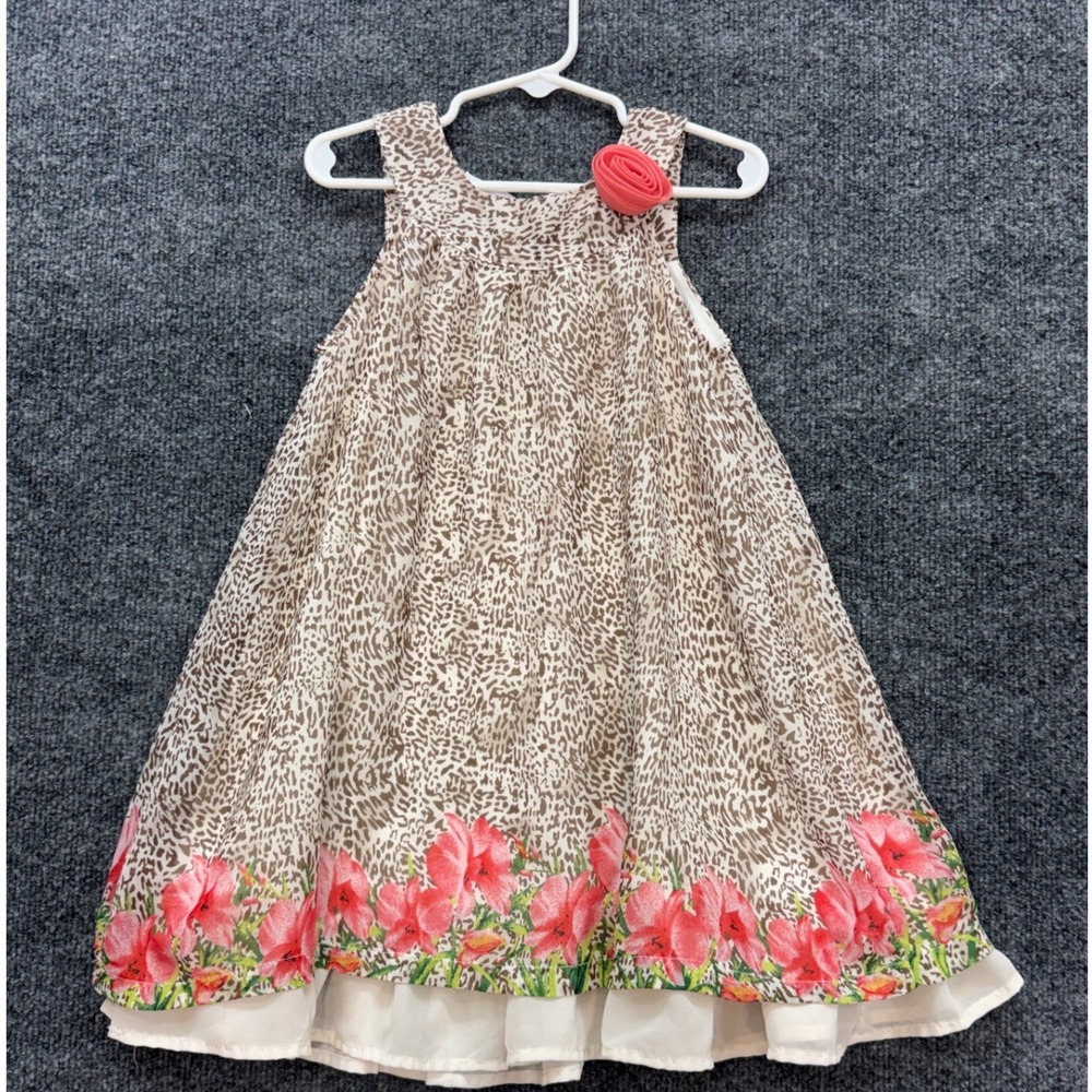 Blueberi Boulevard Sleeveless Dress Kids Size 5 Tan Leopard Floral Rosette Hem - Picture 2 of 5